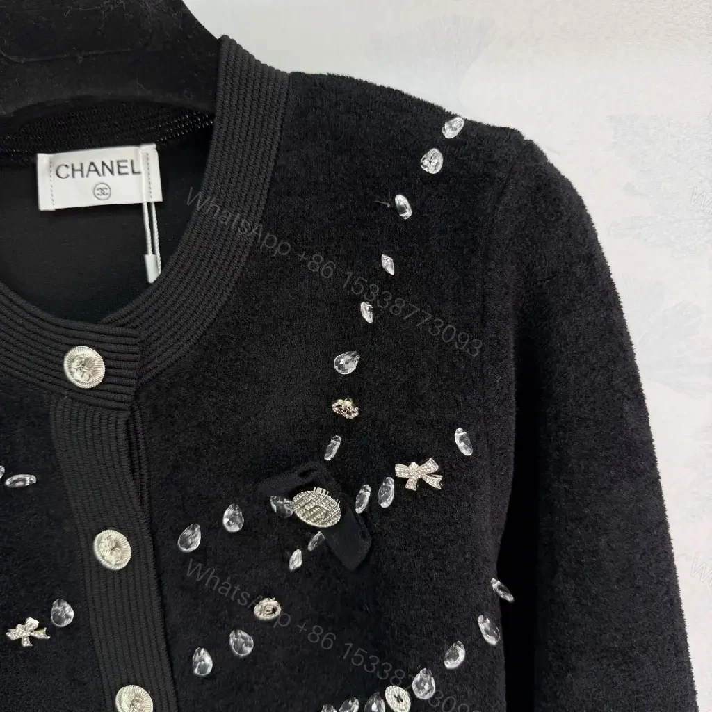View 9 of Black Knit Cardigan with Crystal Embellishments - Luxe, Cropped, Buttoned