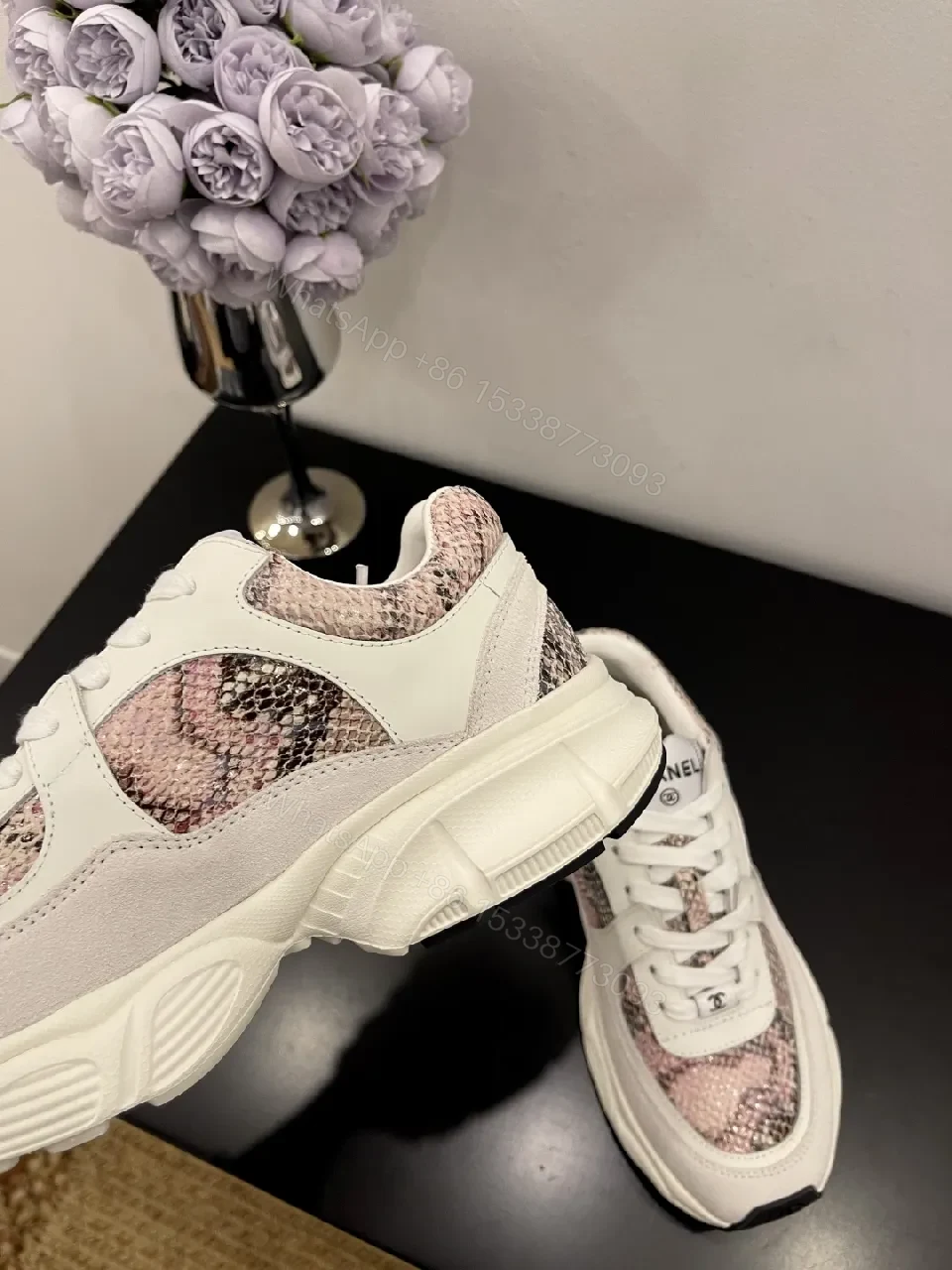 View 3 of Snake-Print Sneakers: White Leather, Pink Accent, Modern Luxe, Comfort