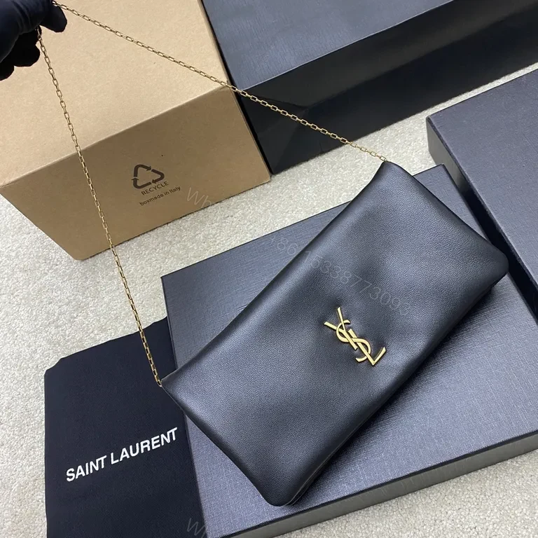View 4 of Chic Black Calfskin Clutch â€“ Gold-YSL Emblem, Crossbody