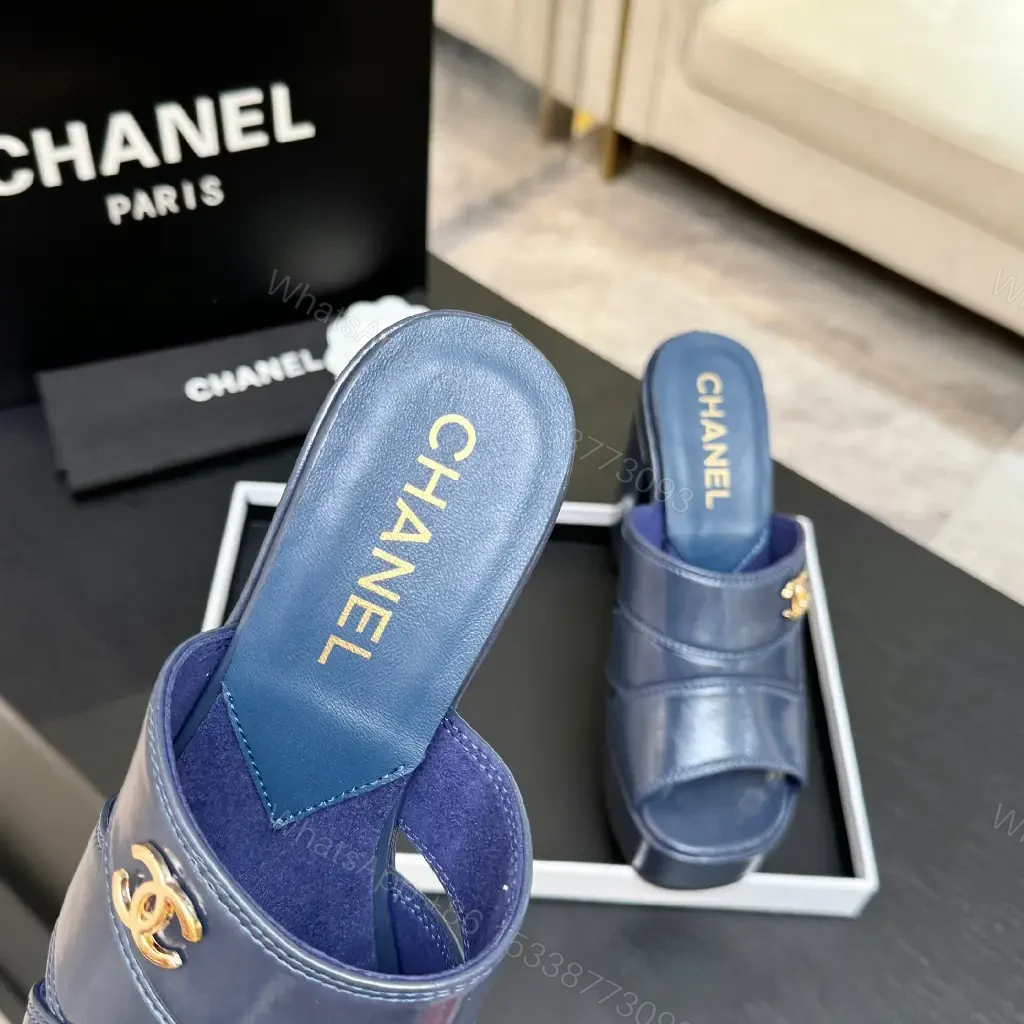 View 7 of Blue Leather Platform Mules with Logo Hardware, Sculpted Heel