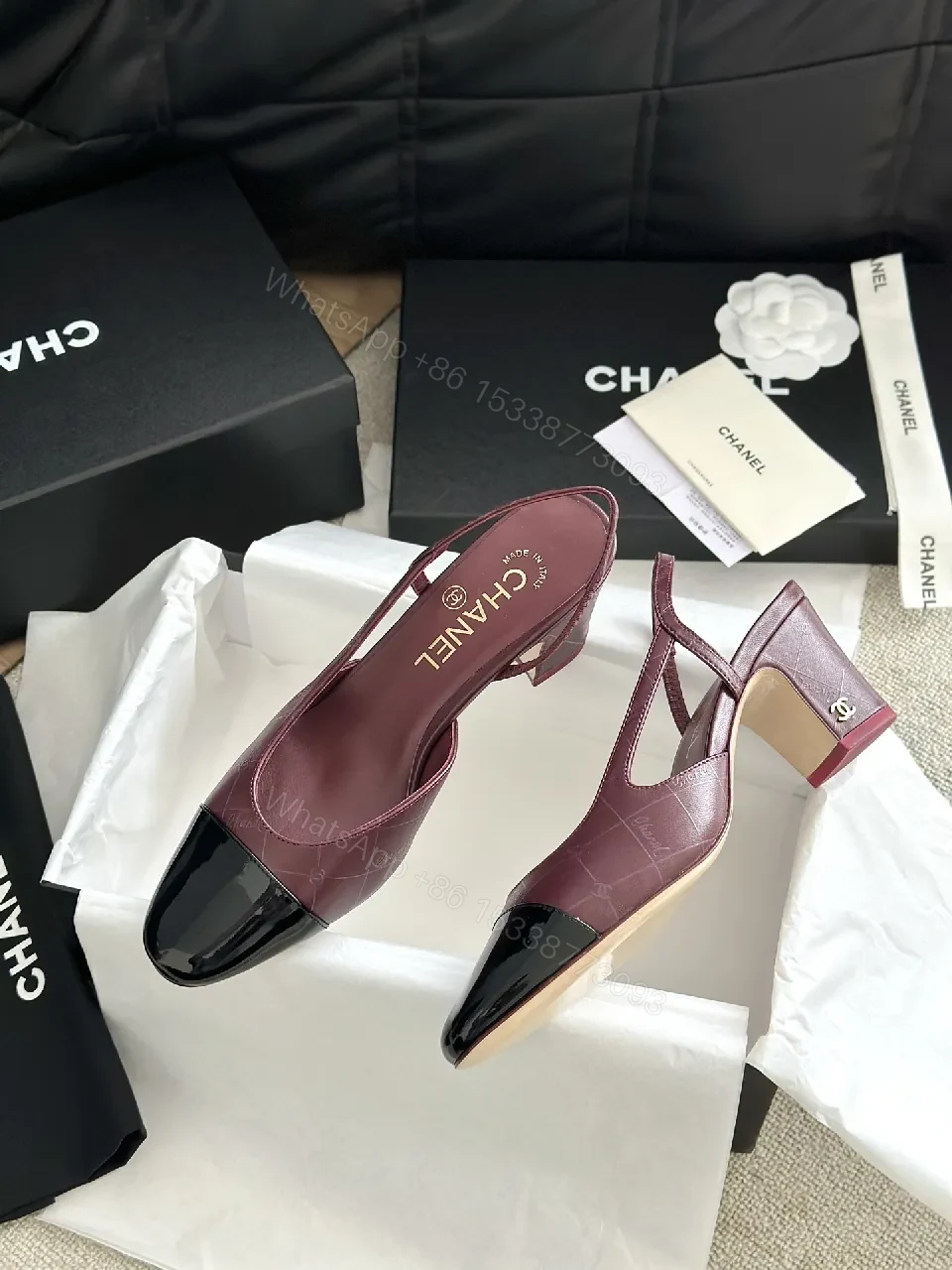 View 8 of Wine Satin Mule Pumps with Patent Cap Toe, Slip-On Style