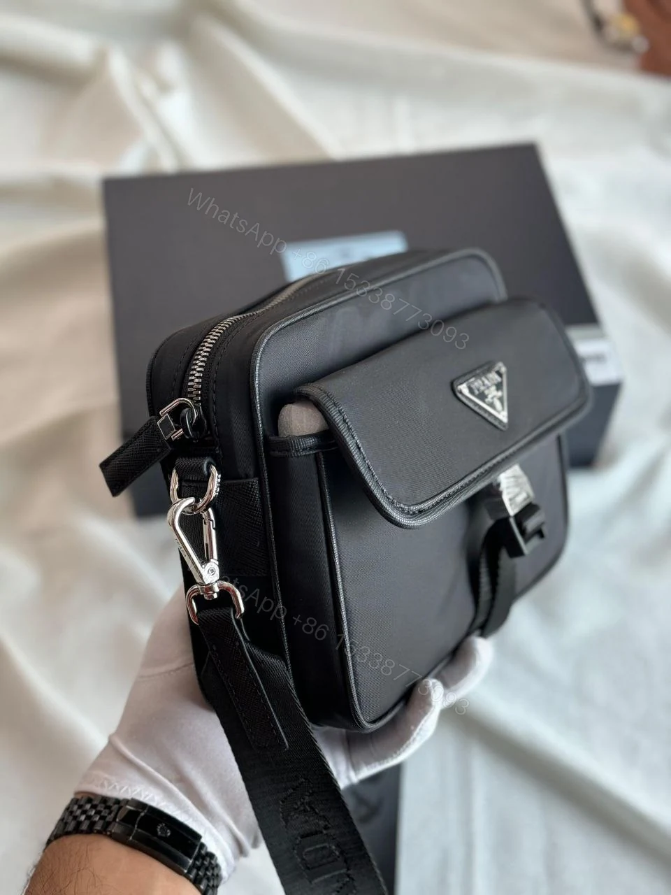View 3 of Re-Nylon leather and recycled-nylon shoulder bag Rectangular