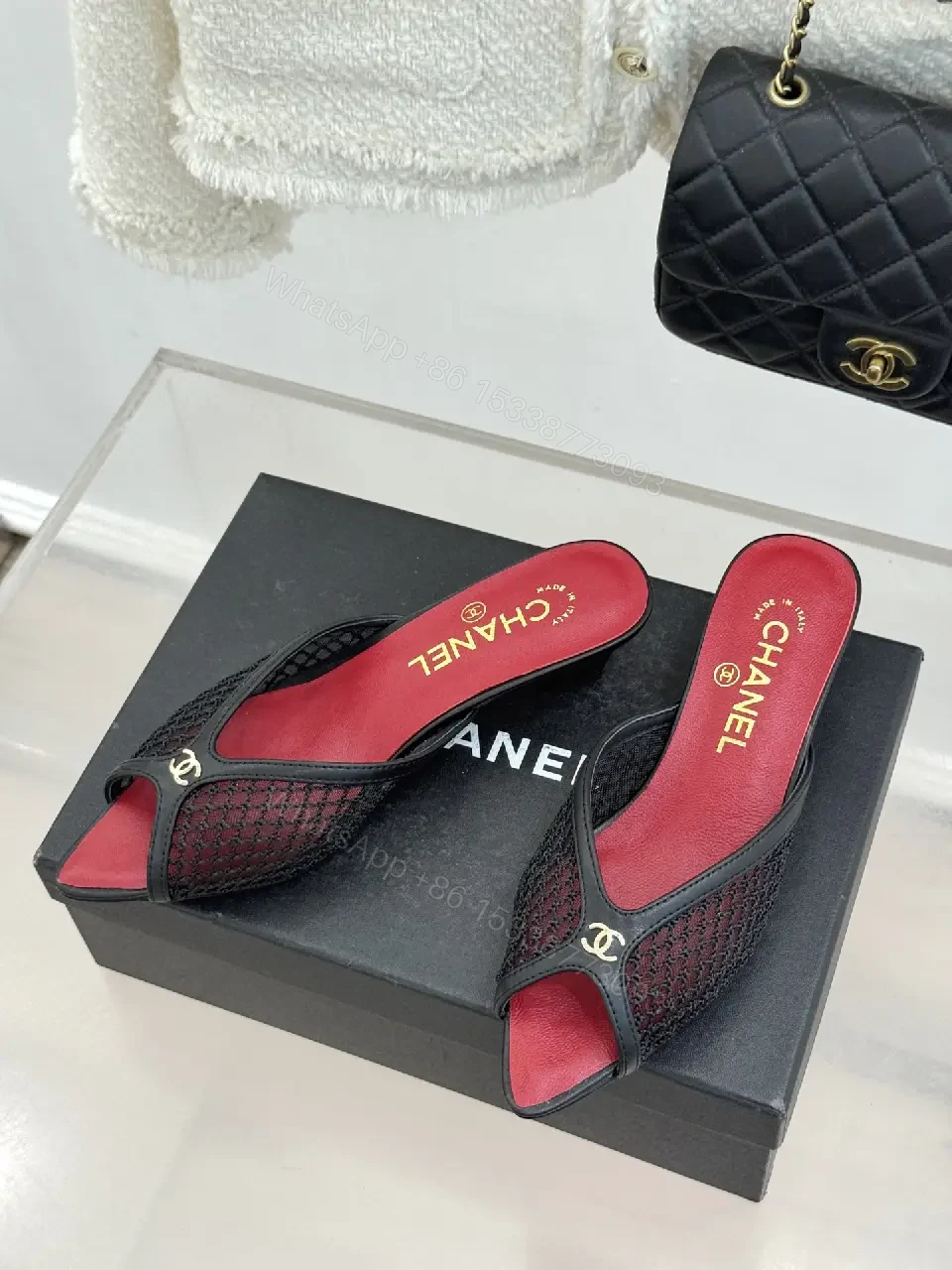 View 8 of Red/Black Satin Mesh Slip-On Heels Quilted Chain Bag (Chanel-inspired)