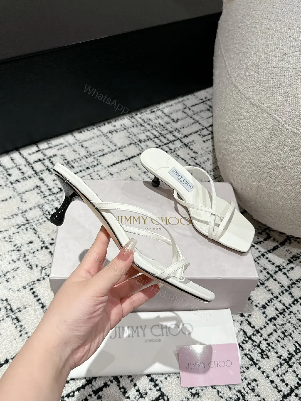White Leather Strappy Sandals: Square-Toe Kitten Heel — view 1