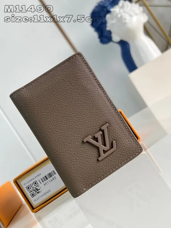 Taupe Pebble Leather Card Holder with Subtle LV-Inspired Logo — view 1