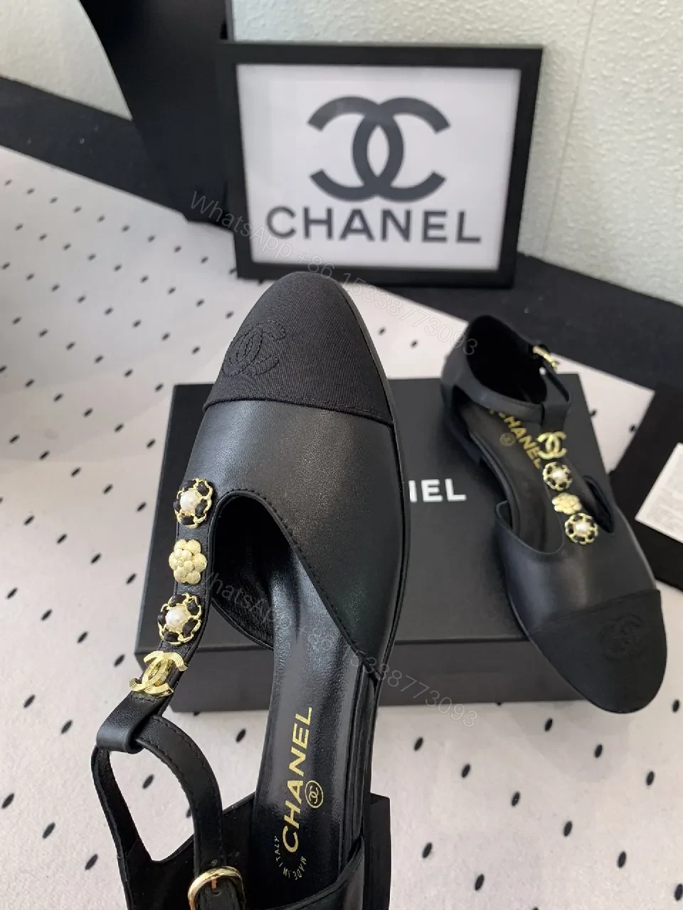 View 3 of Chic Black Slingback Sandals with Gold Charms - All-Day Comfort