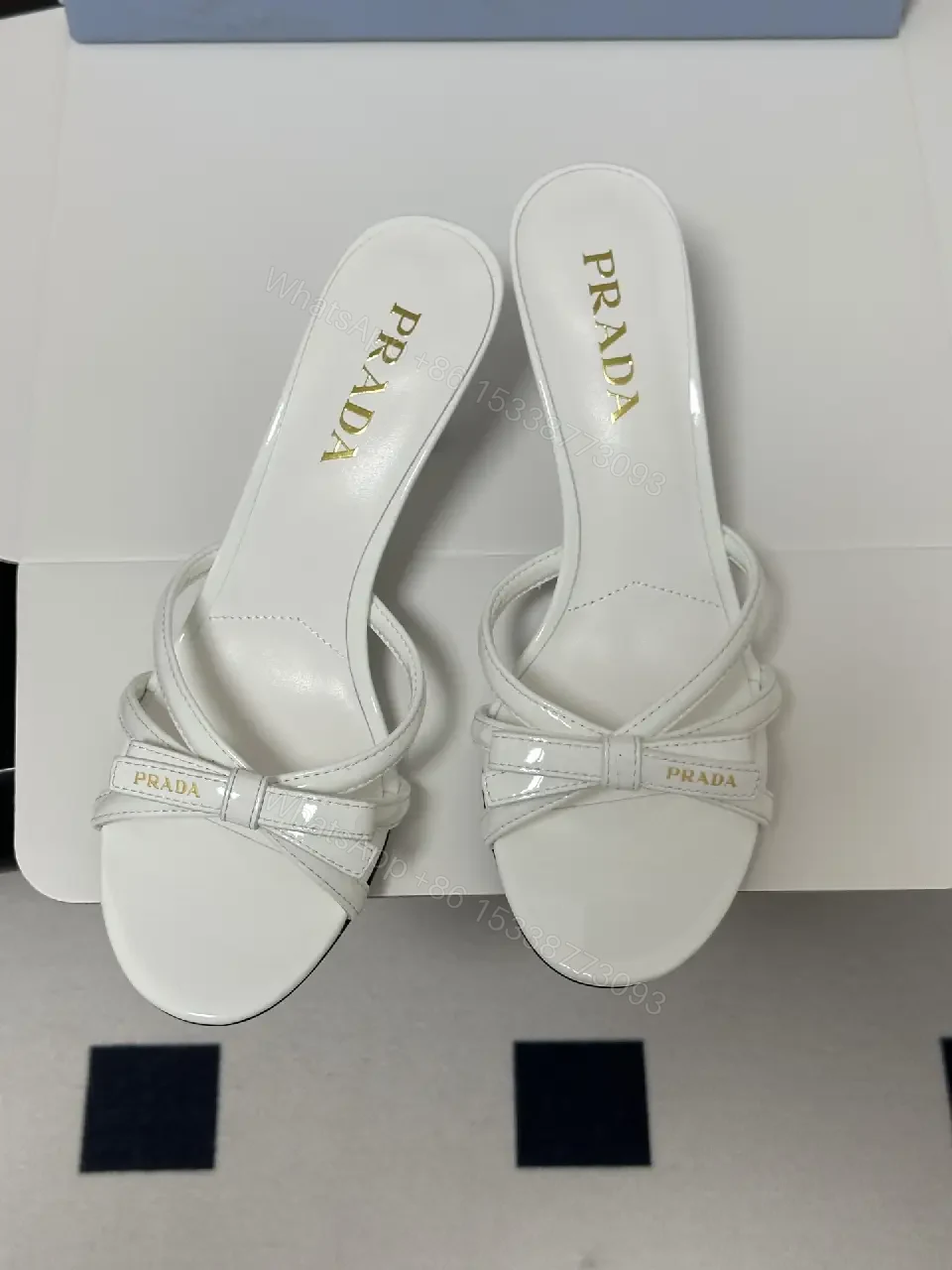 View 4 of White Leather Sandals Shoes with Knot Straps - Prada Style Heels