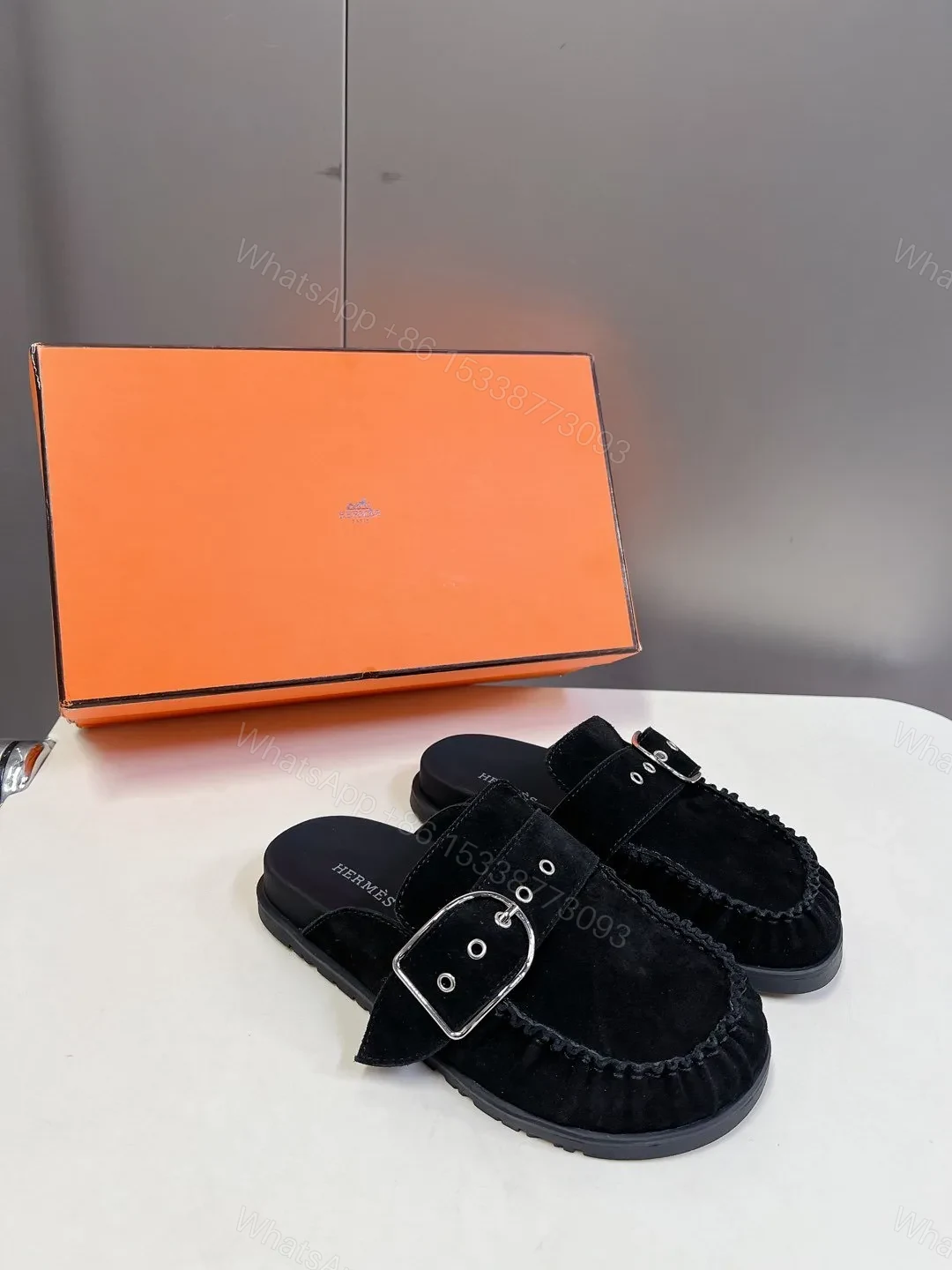 View 5 of Hermes Women Black Suede Buckle Mules