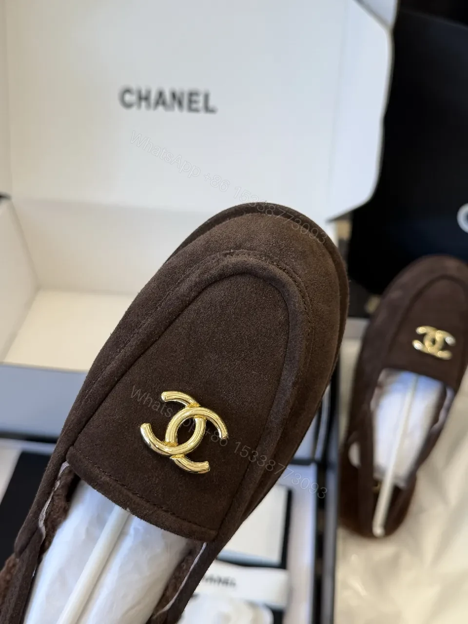 View 3 of Brown Suede Mule with Gold Logo Hardware – Slip-On Luxury Style