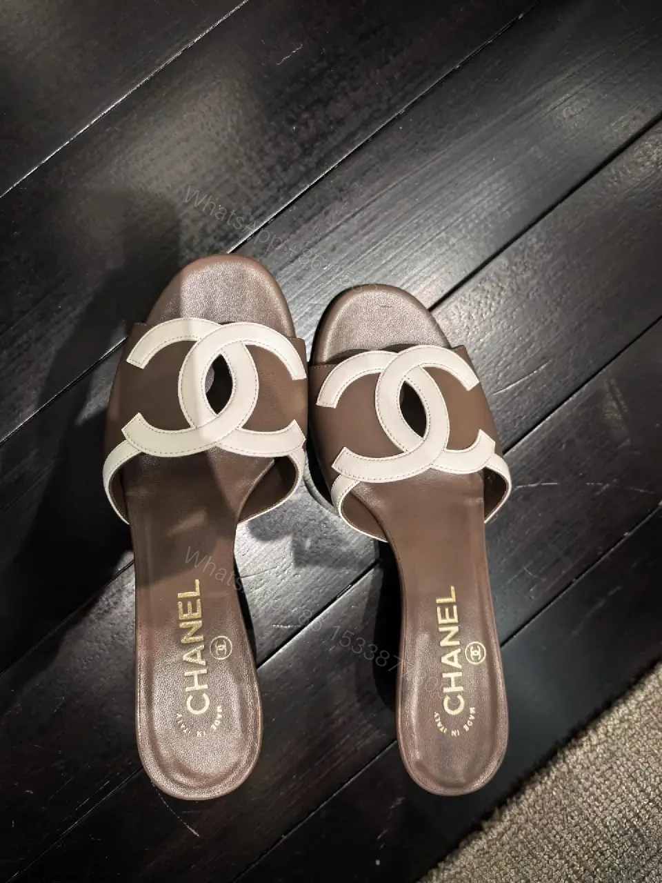 View 6 of Brown Leather Slides White Logo Interlock Chanel Sliders