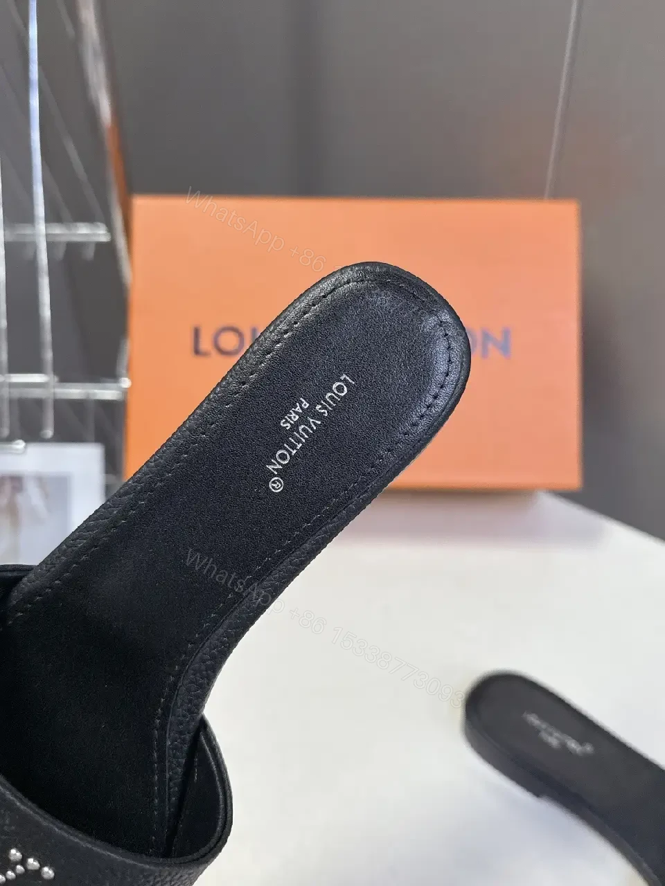 View 10 of Black Leather Slide Sandals with Crystal Embellishment - Comfort, Luxury