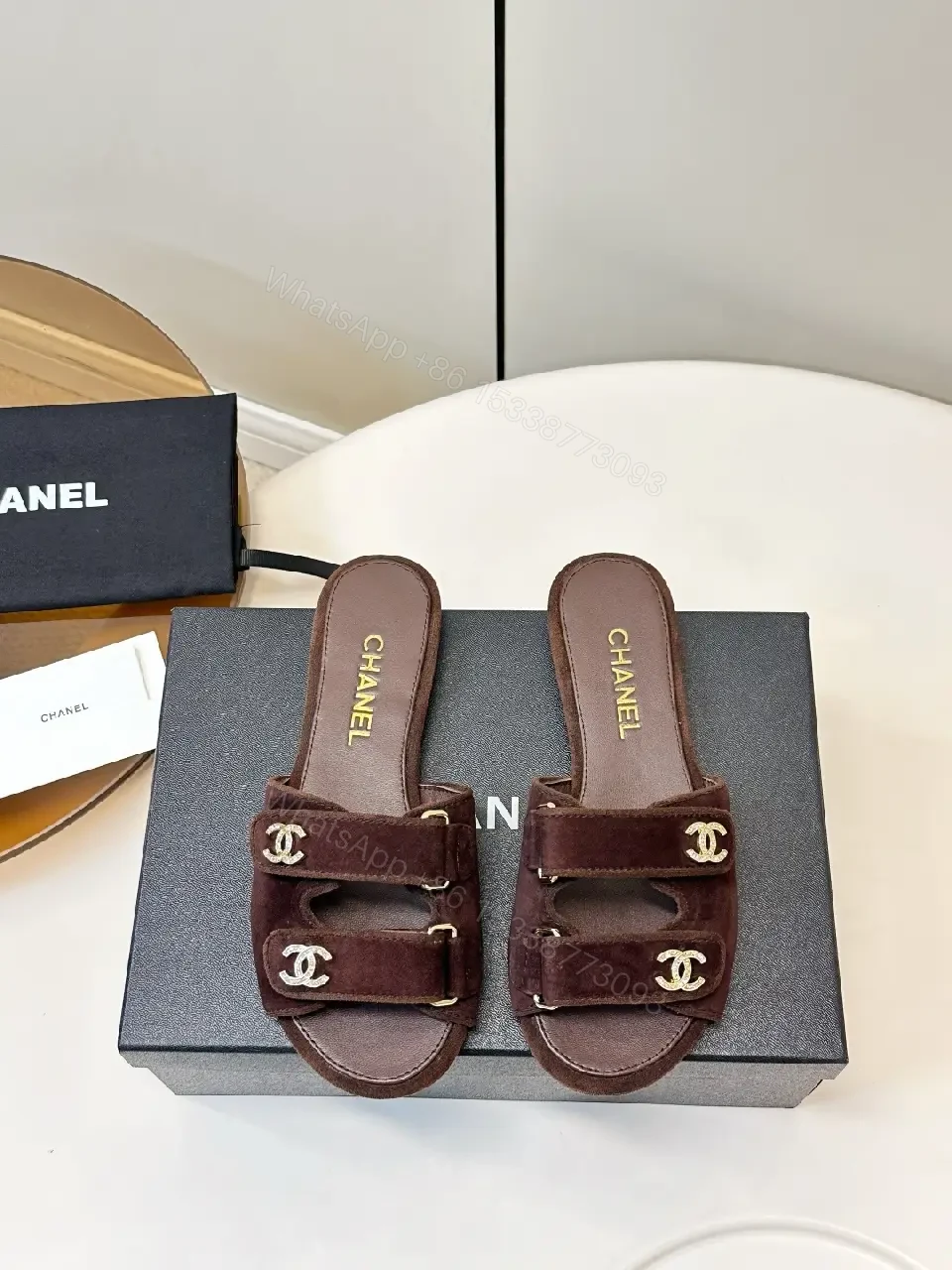 View 2 of Brown Suede Chanel-Inspired Slide Sandals: Comfort Luxury Shoes