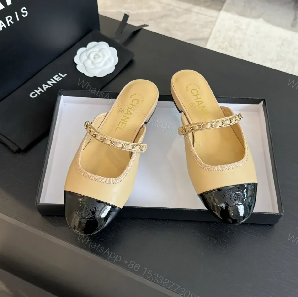 View 6 of Two-Tone Leather Slide with Chain Detail, Luxury Style