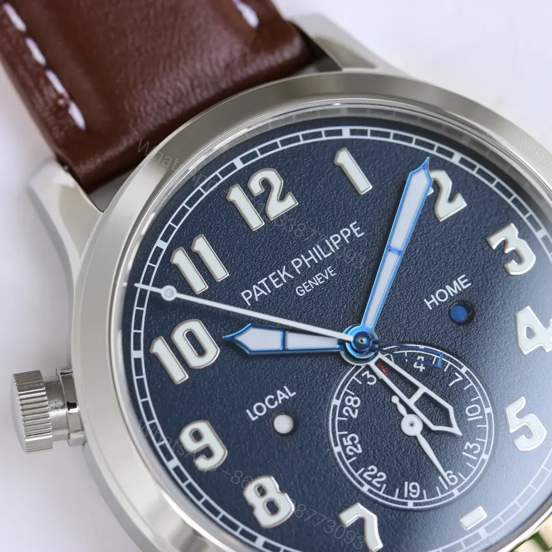 View 4 of Patek Philippe Calatrava Pilot Travel Time Watch Ref. 5524 Rose Gold and Blue Dial Dual Time Zone Leather Strap