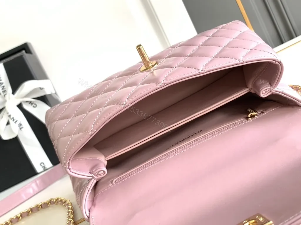 View 6 of Soft-Gloss Quilted Pink Handbag with Gold Chain Top Handle