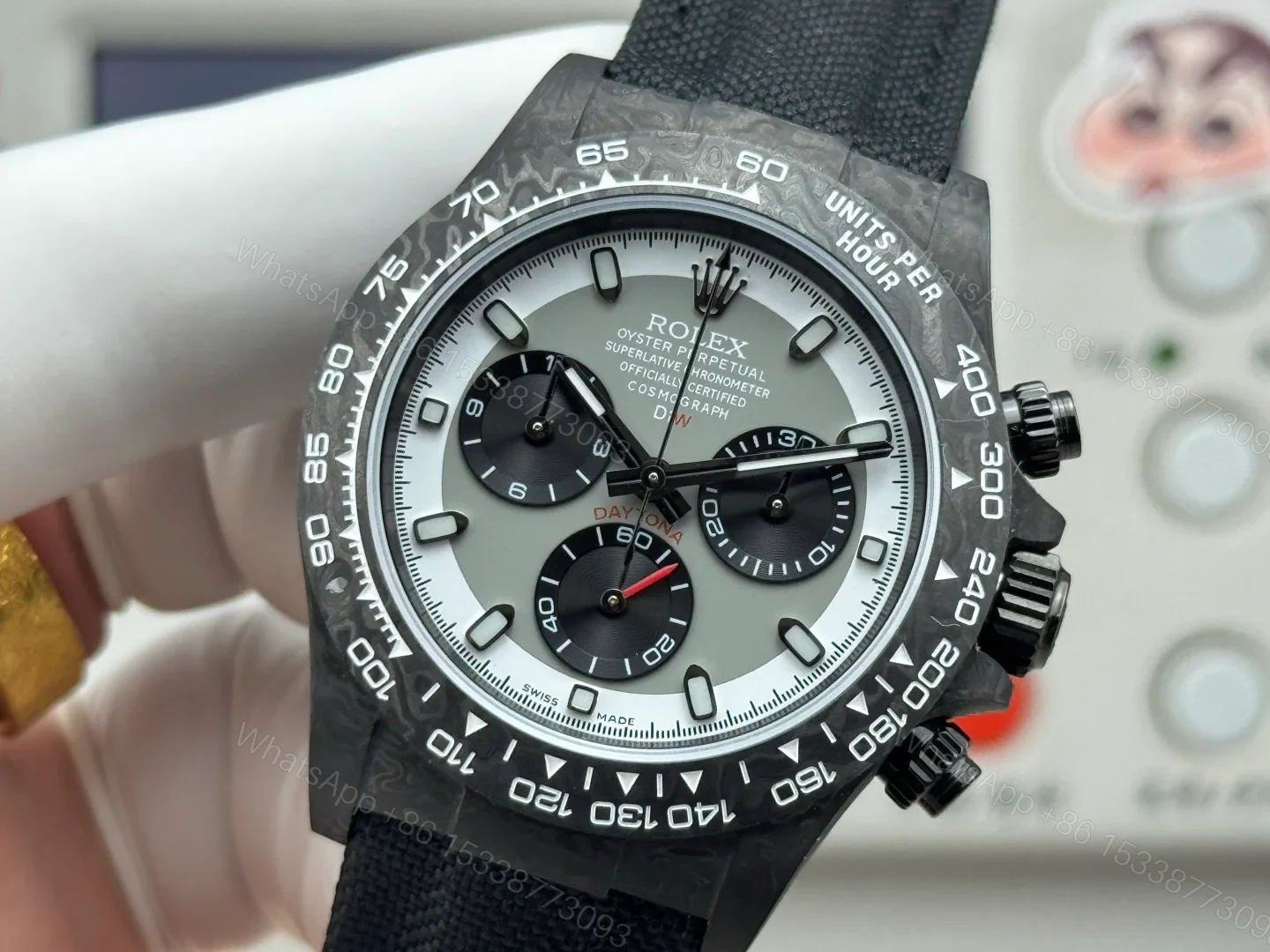 View 5 of Rolex Daytona Carbon Fiber Panda Replica 40MM Premium Black Fabric Strap R74-BLACK-WHITE