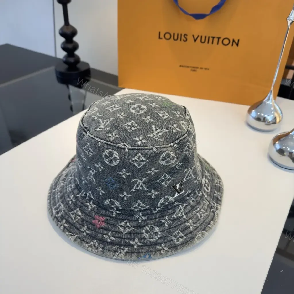 View 8 of Grey Denim-Feel Bucket Hat Monogram Detail, Unisex Style