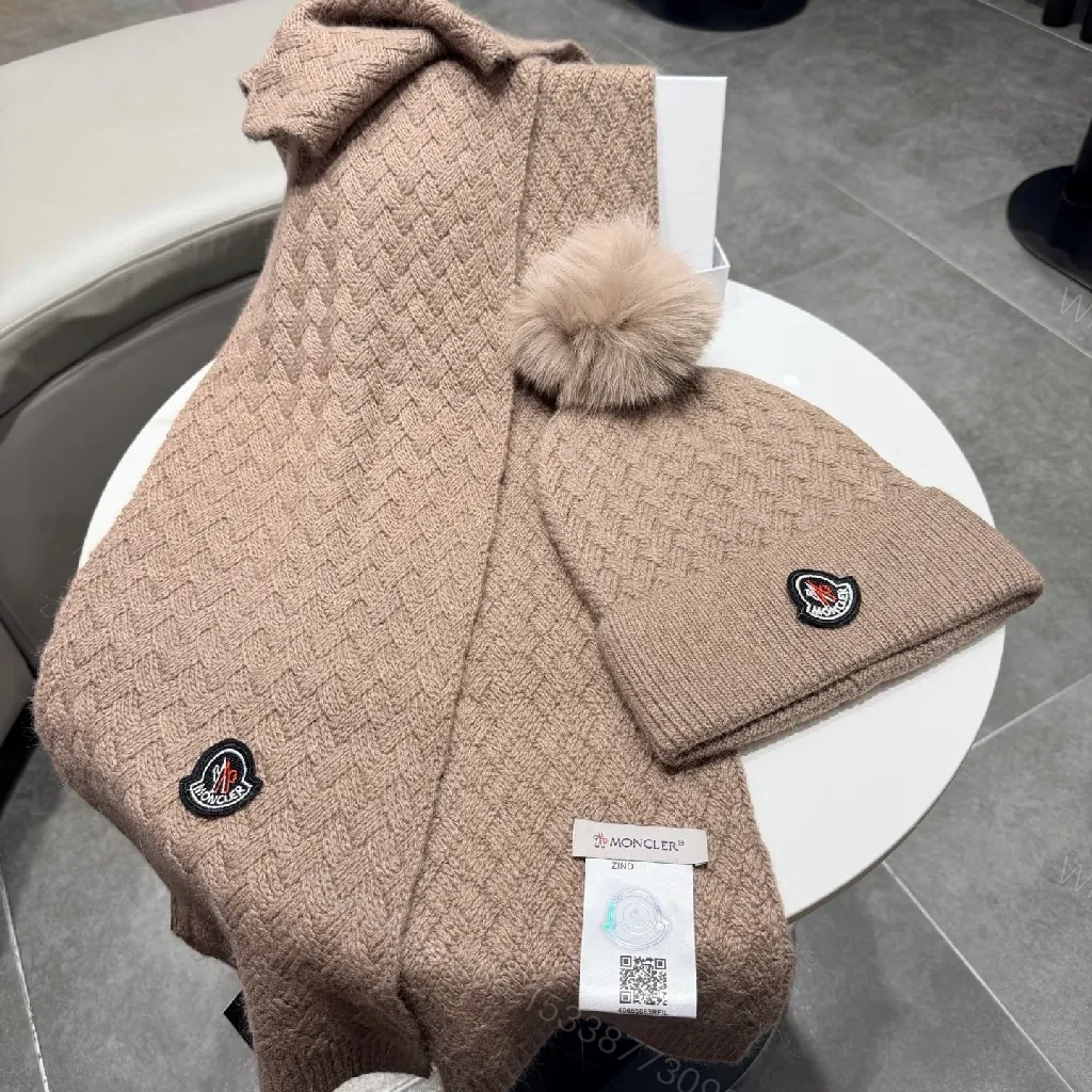 View 9 of Camel Knit Set: Plush Beanie & Scarf with Crest Detailing
