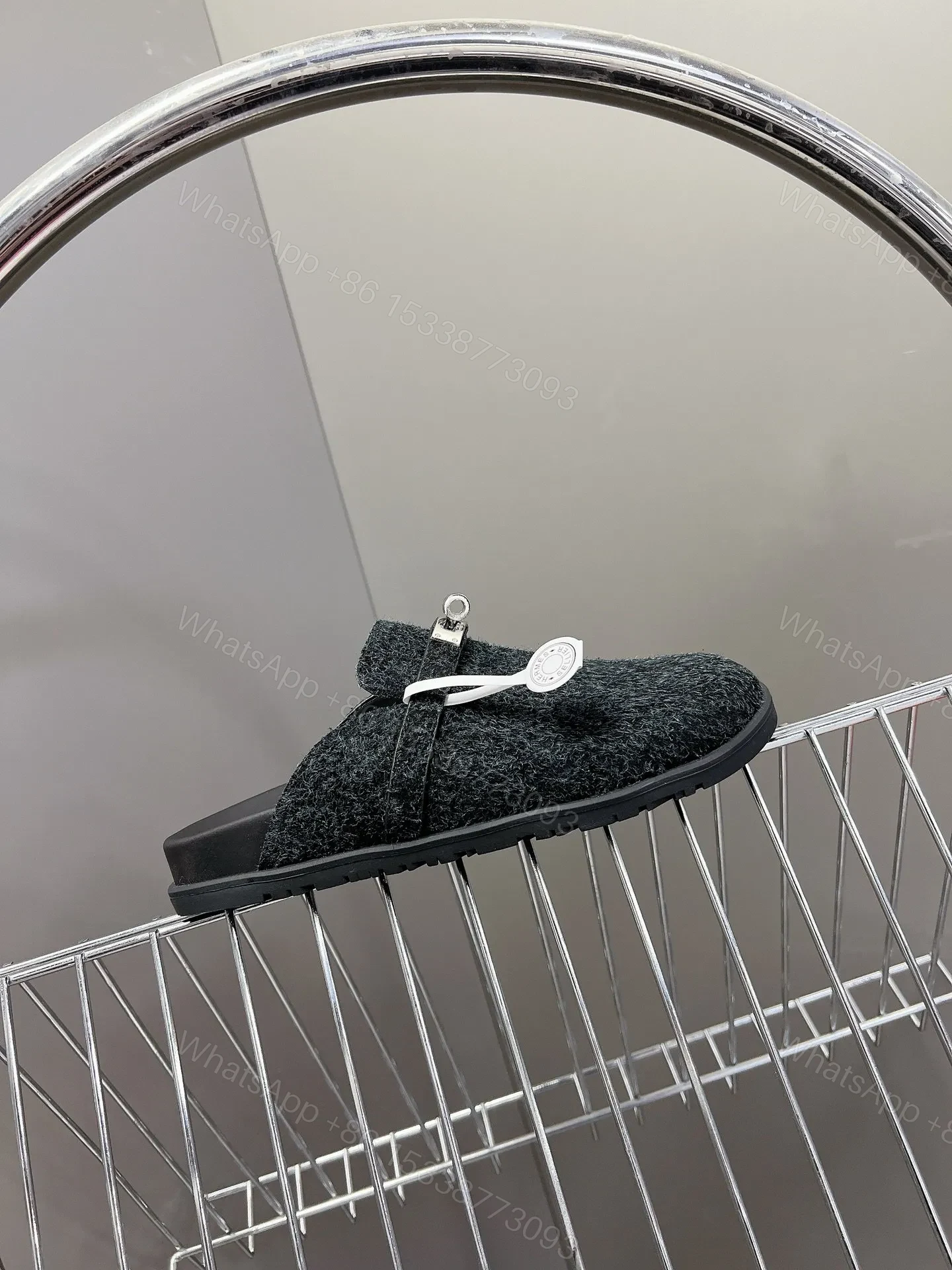 View 2 of Hermes Women Black Fuzzy Fabric Mules