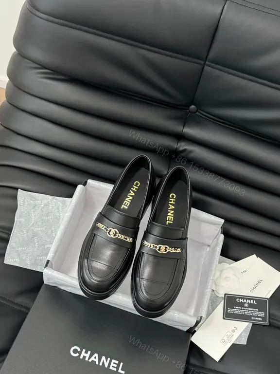 Chanel-Inspired Leather Loafers with Gold Chain Detail — view 1
