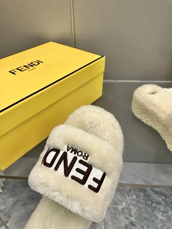 View 7 of Off-White Material: Fendi Shearling Slides - Cozy Luxe Footwear