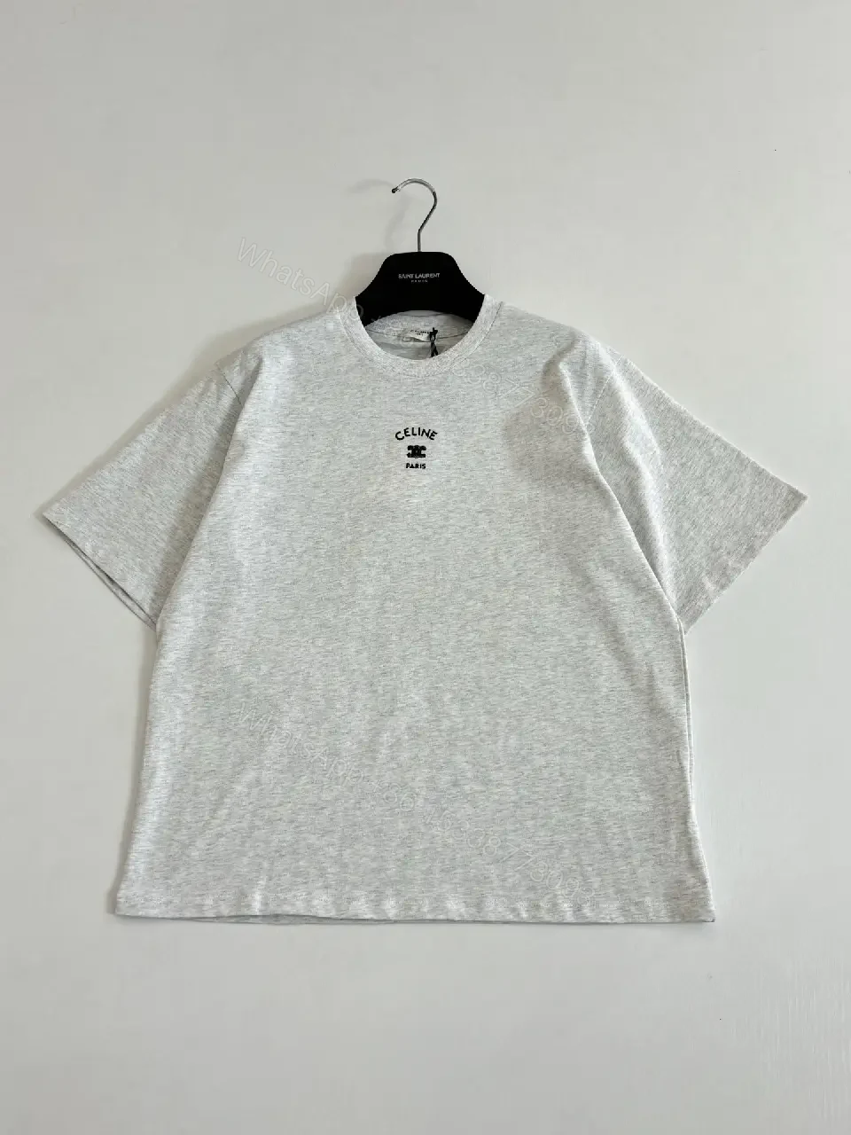 View 7 of Grey Heather Cotton Crewneck Tee — Subtle Luxe Logo, Everyday Comfort