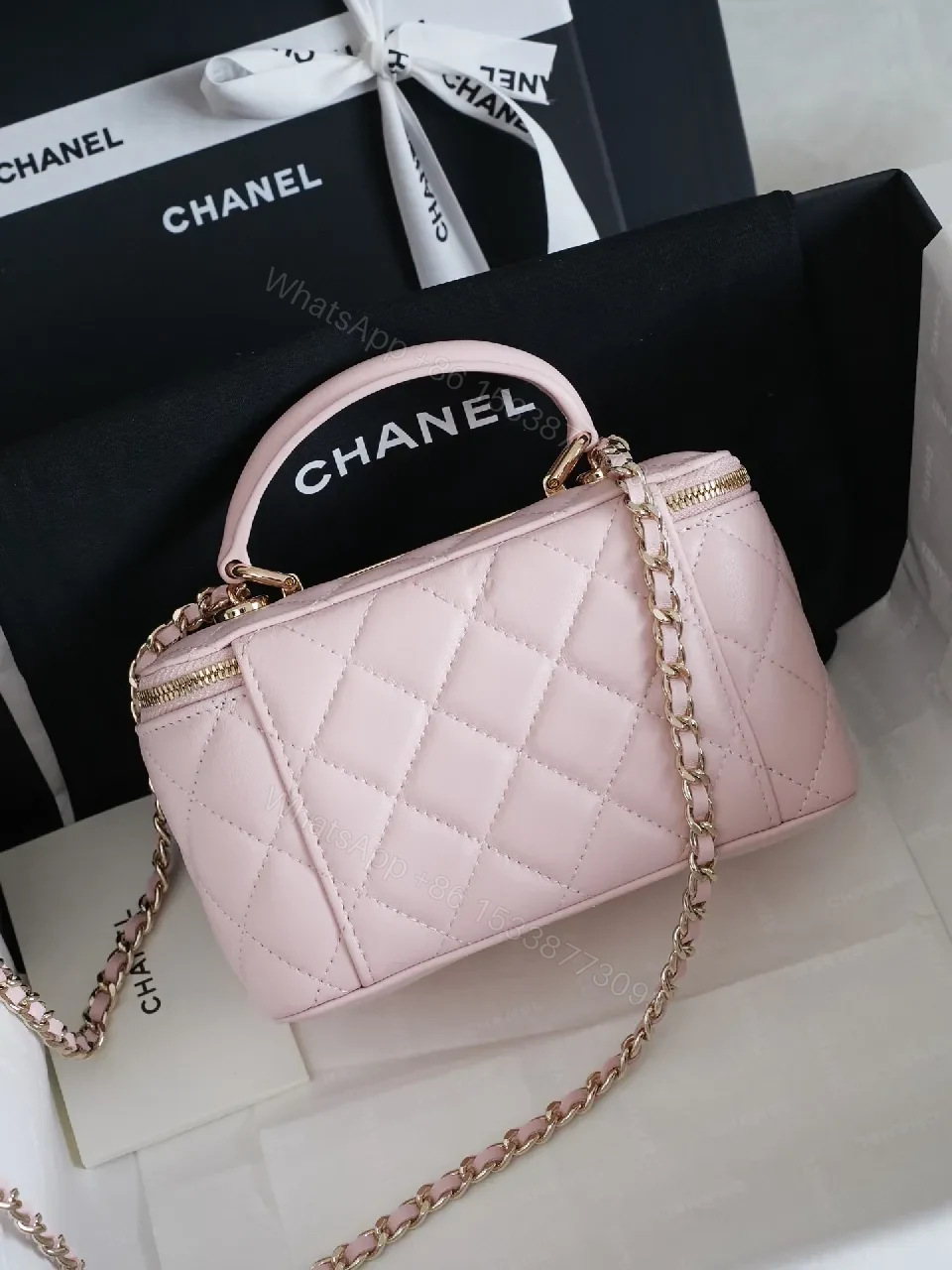 View 5 of Pastel Pink Quilted Mini Bag with Gold Hardware