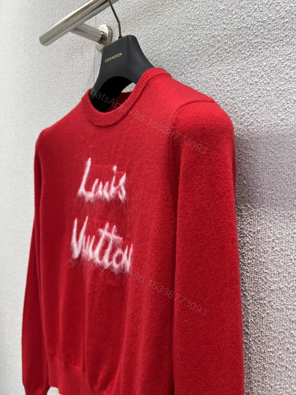 View 4 of Red Knit Crewneck with White Script Sweater Edge