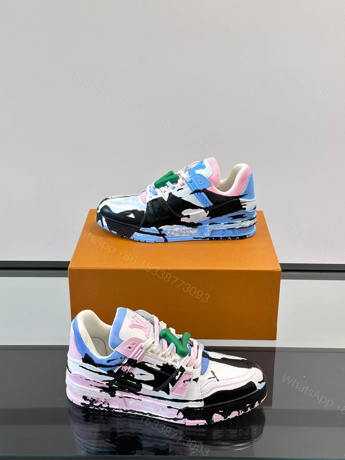 View 4 of LV Men White Pink Blue Leather Sneakers