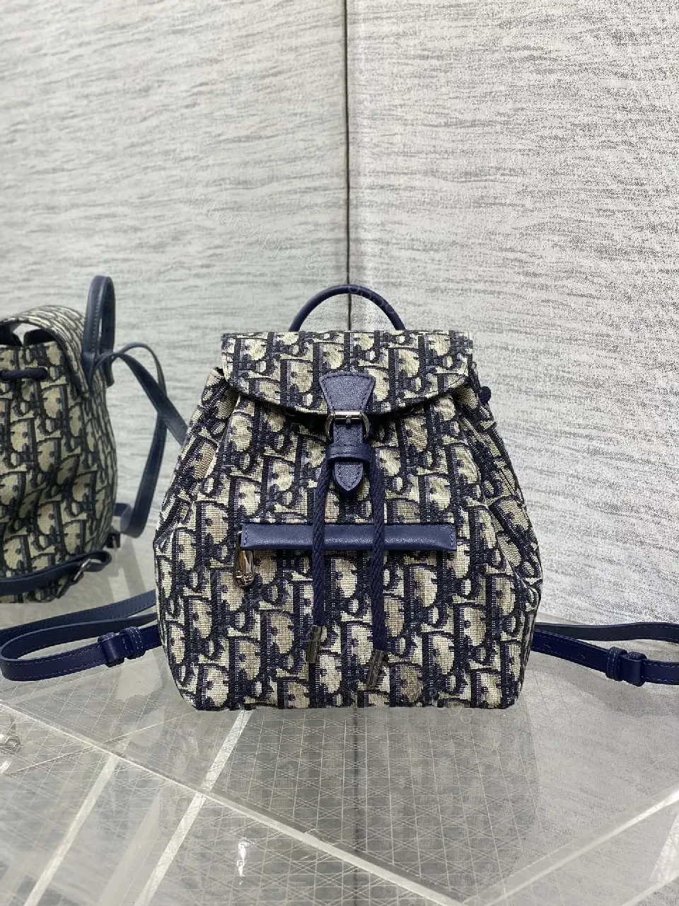 Navy Canvas Monogram Compact Backpack with Leather Accents — view 1