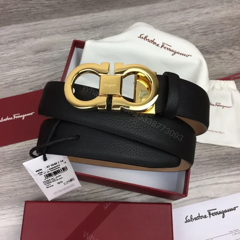 View 7 of Gold Buckle Leather Belt â€” Luxury Pebble-Grain, Ferragamo-Inspired