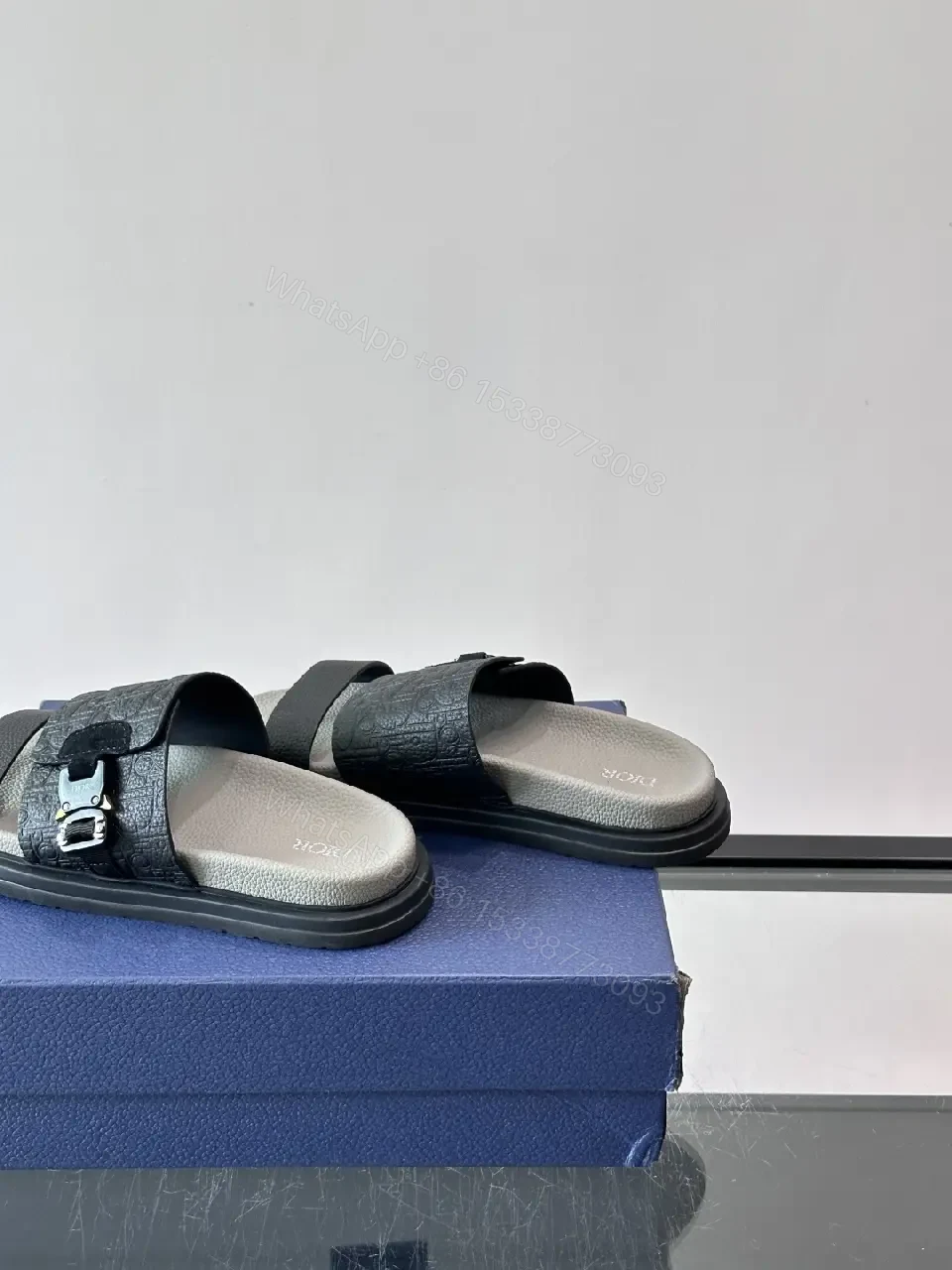 View 3 of Black Leather Dior Sandals with Buckle Feature Sliders