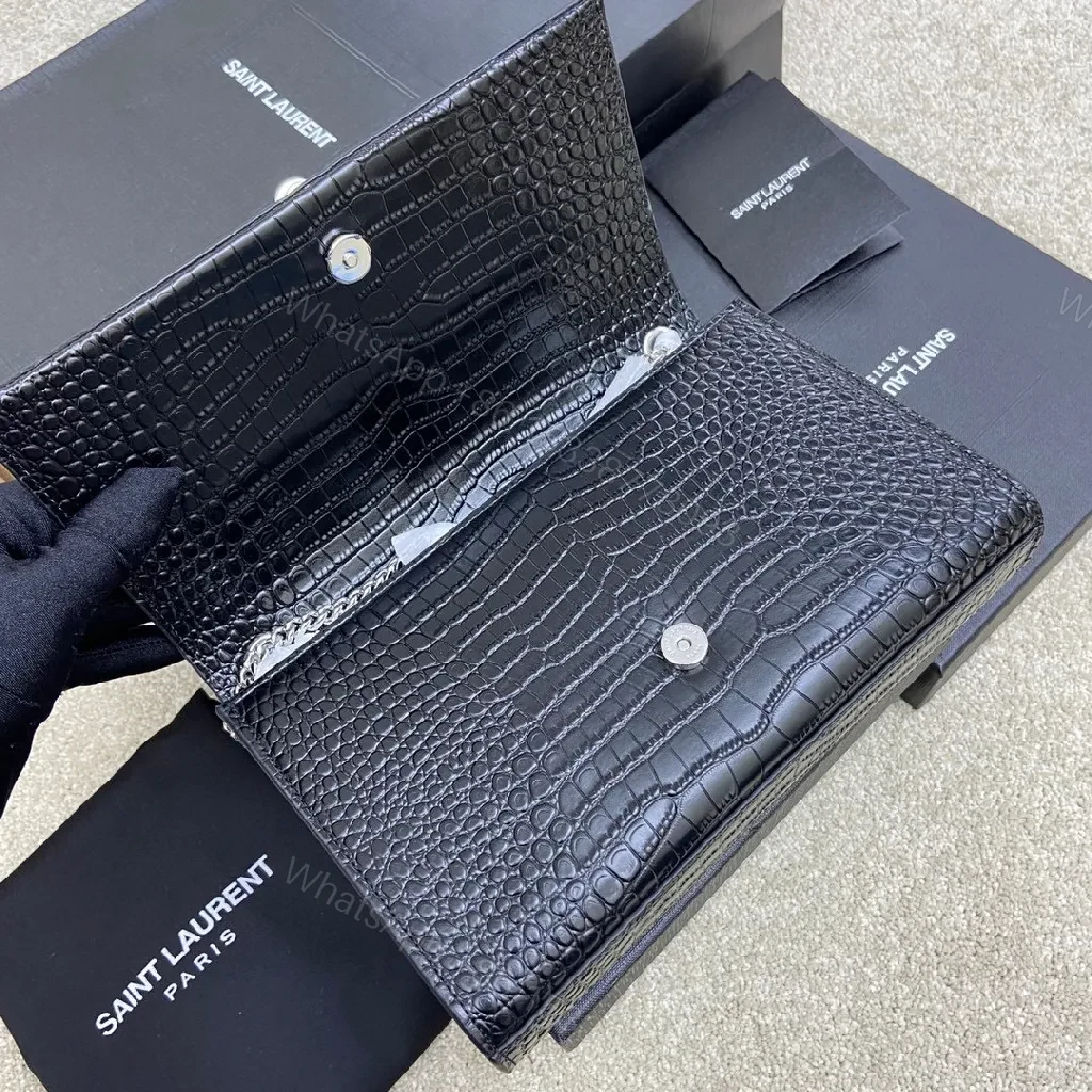 View 5 of Crocodile-Textured Leather Crossbody with Logo Clasp