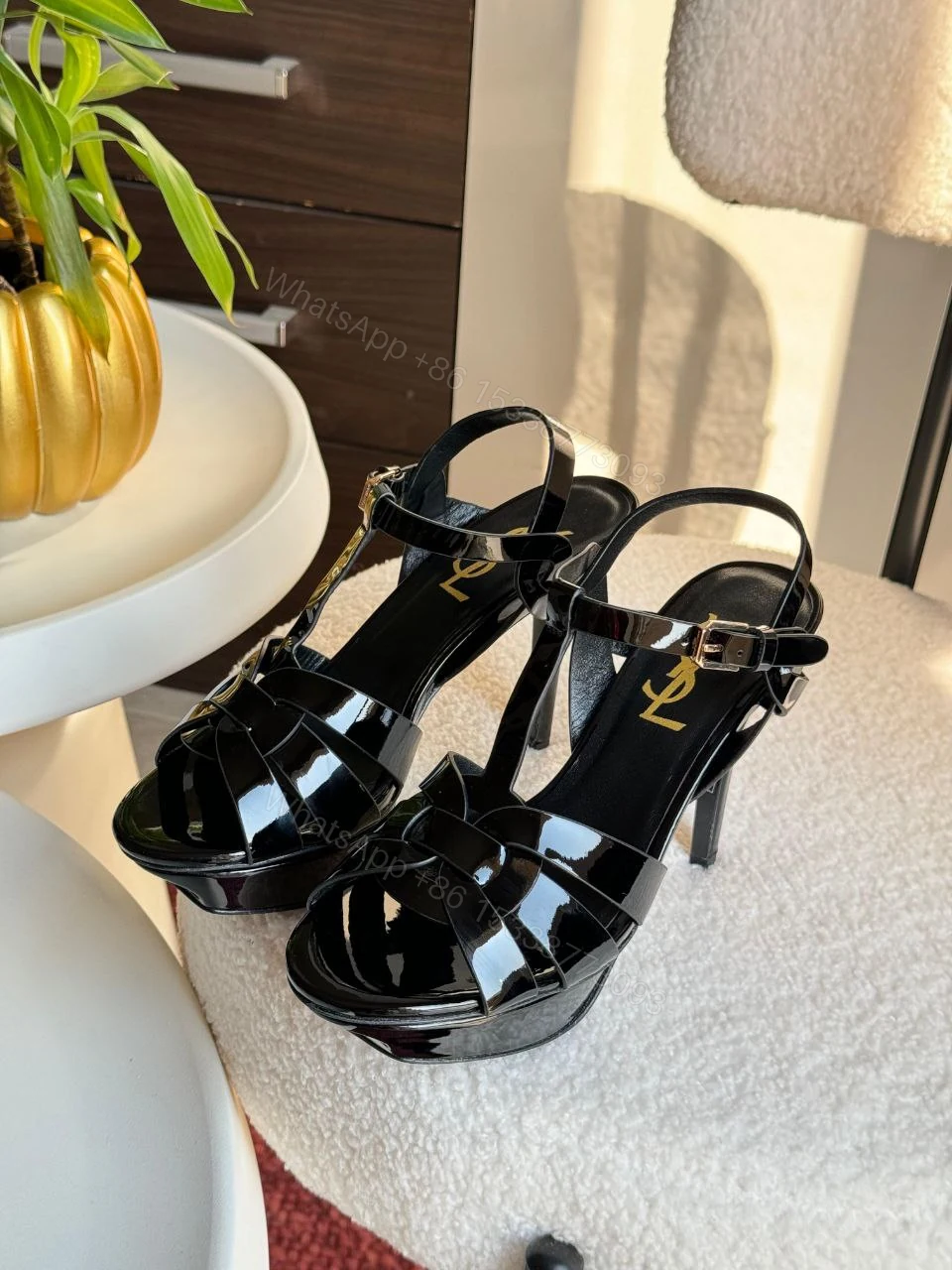View 7 of Saint Laurent Burgundy Patent Leather Tribute Ankle Strap Sandals