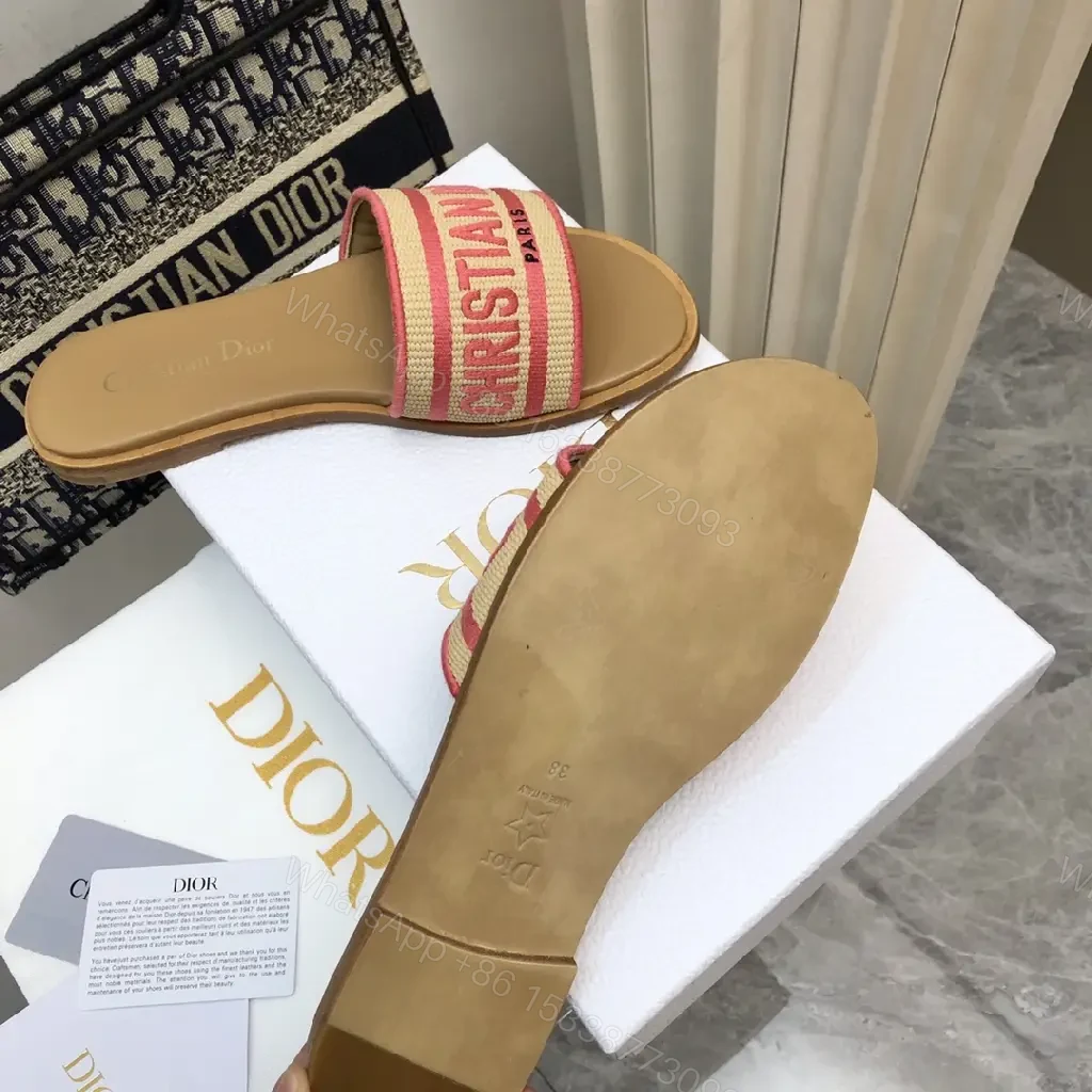 View 9 of Red Striped Straw Summer Sandals with Dior Logo Sliders