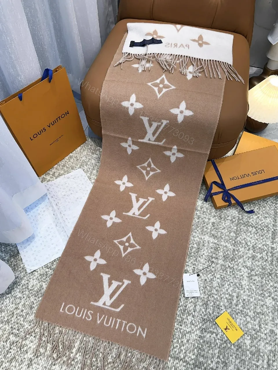 View 3 of Taupe Monogram Scarf: Soft, Luxurious, Fringed Wrap