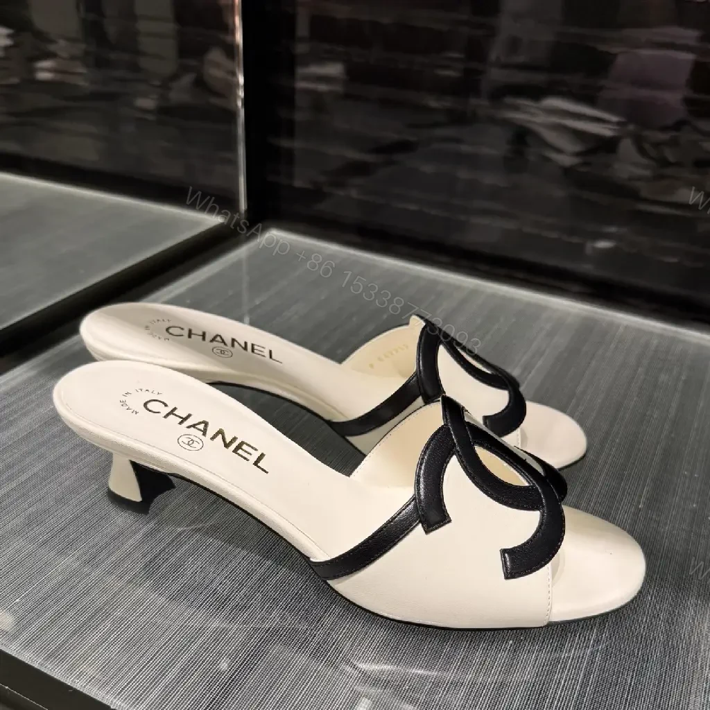 View 3 of Beige Leather Slides Black Logo Chanel Style Sandals