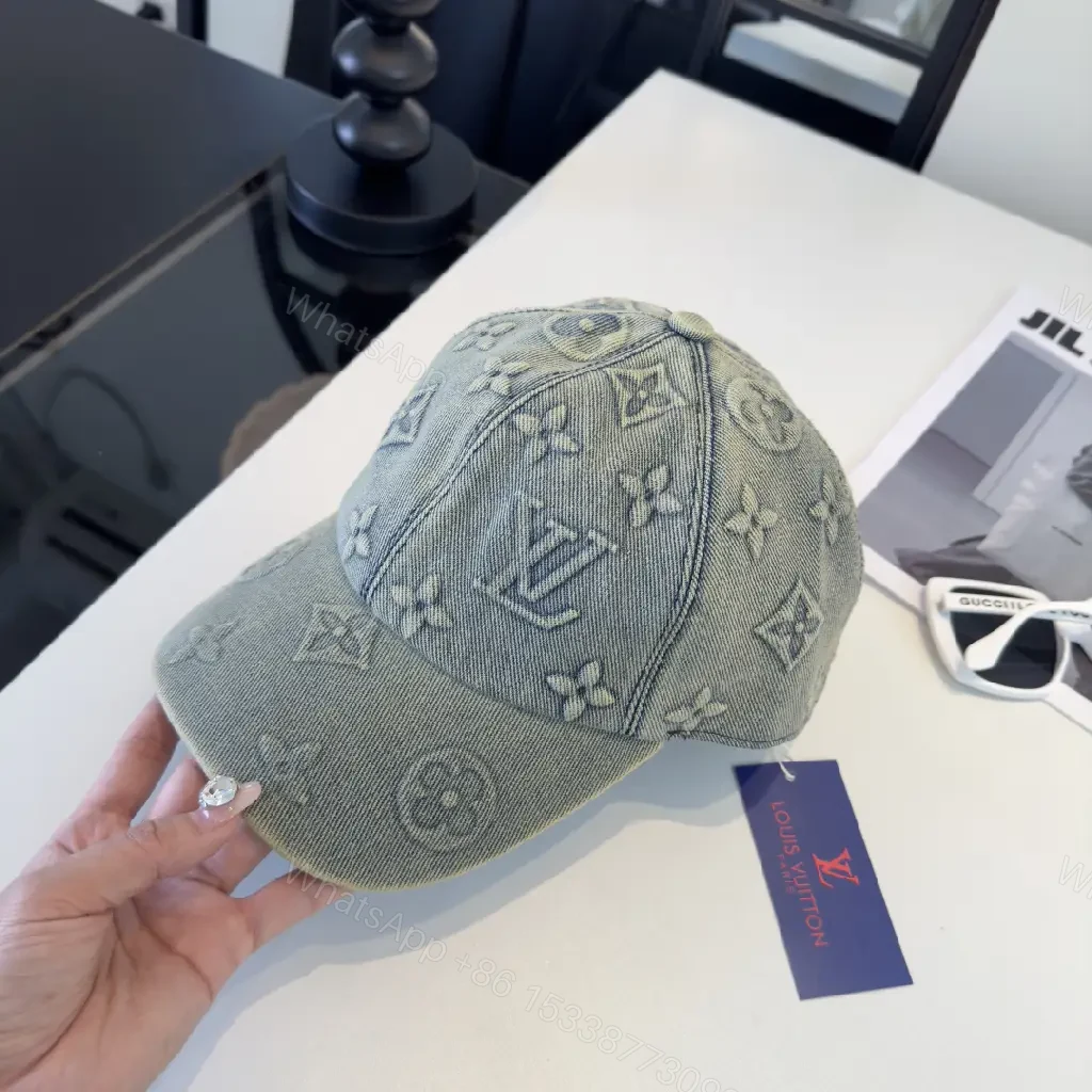 View 3 of Washed Gray Denim Cap Six-Panel Embossed Monograming