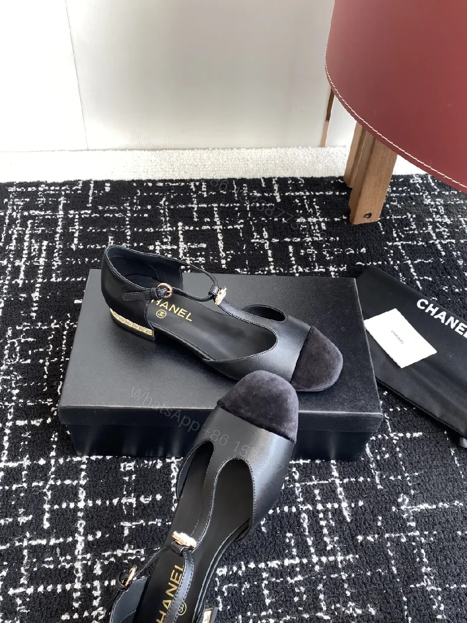 View 6 of Black Satin & Suede Slingback Heels with Gold Hardware