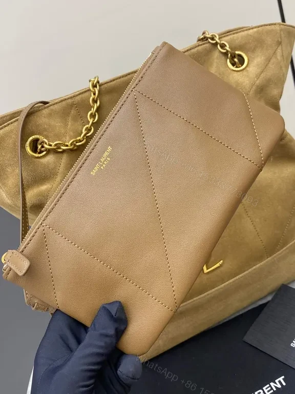 View 8 of Taupe Suede-Like Quilted Tote with Chain Detail - Luxe Precision