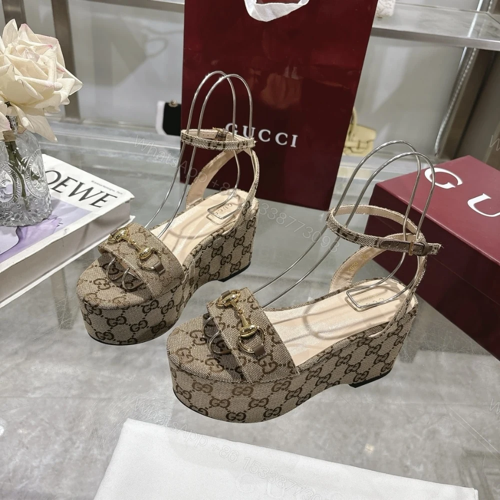 View 2 of GUCCI WOMEN HORSEBIT FLATFORM SANDAL BEIGE AND EBONY 794718 2HK80 9741