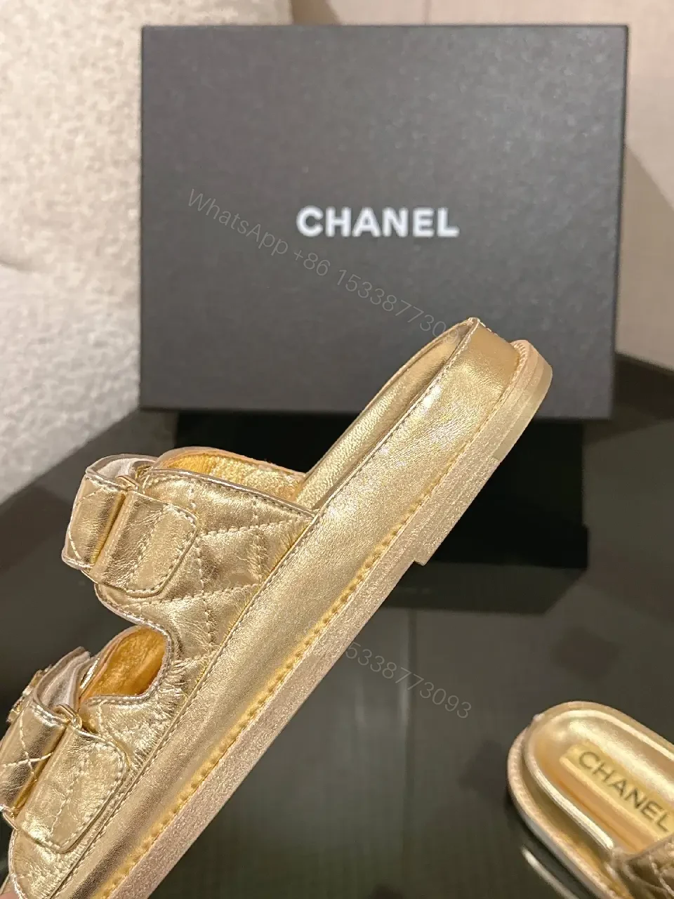 View 3 of Gold-Tone Leather Slides with Double Straps, Luxury Everyday Comfort