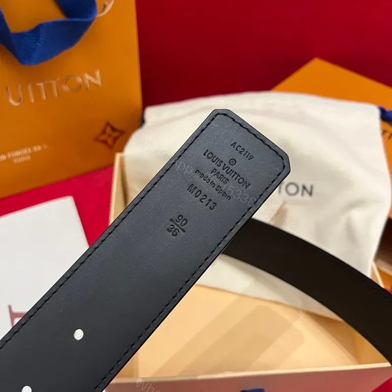 View 6 of Chic LV-Pattern Leather Belt with Signature Buckle