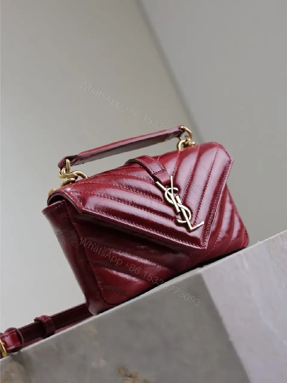 View 4 of Burgundy Quilted Crossbody Bag: Gold Hardware, Structured Style