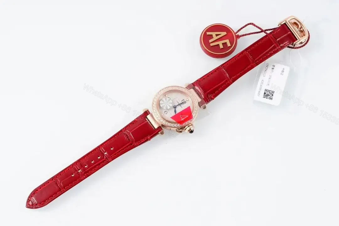View 3 of K11 Factory Cartier Pasha de Cartier Women’s Watch, 30mm, Rose Gold with Diamond Bezel, Red Leather Strap, Blue Steel Hands