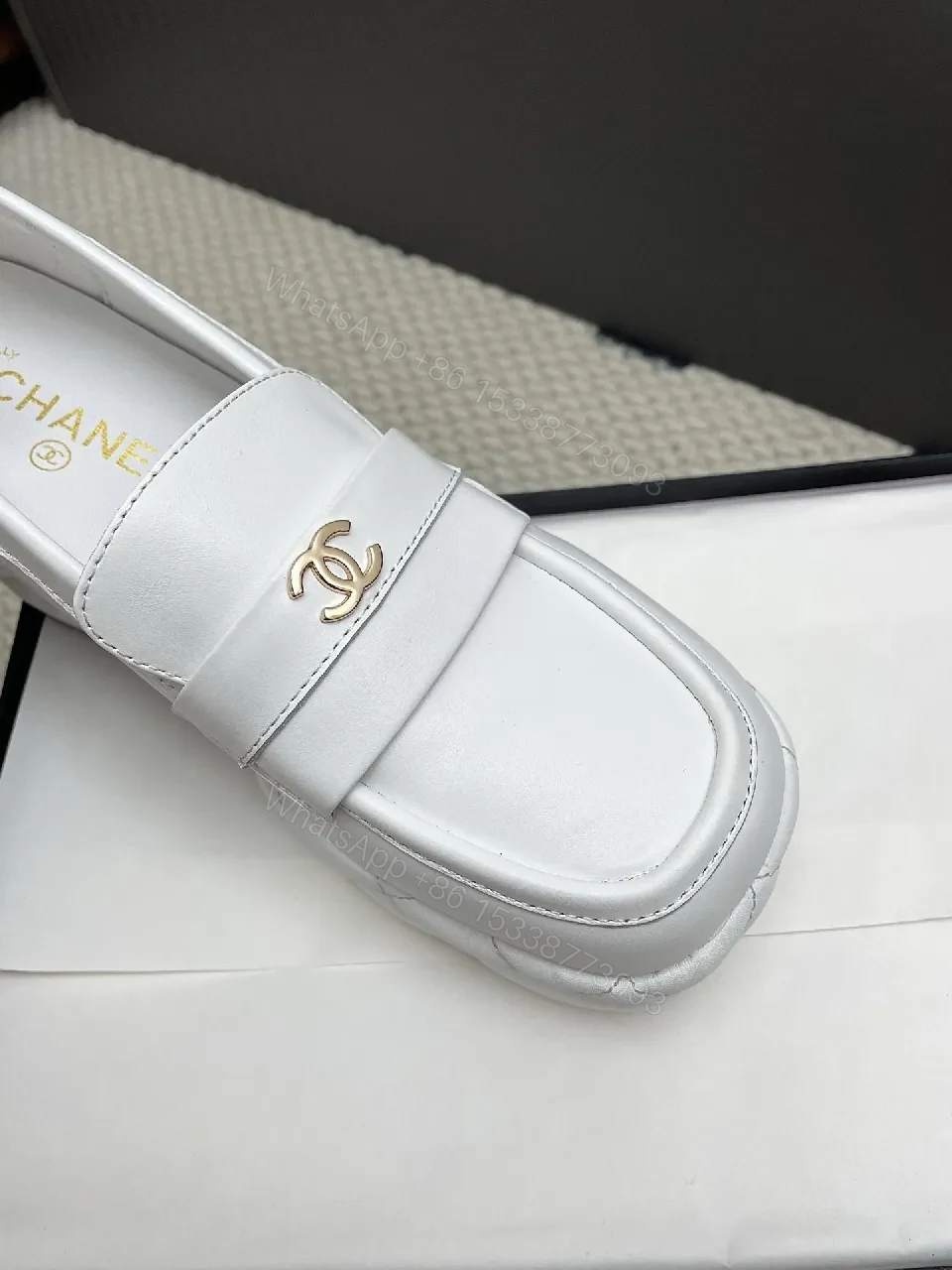 View 9 of White Leather Loafers: Gold Logo, Elevated Comfort