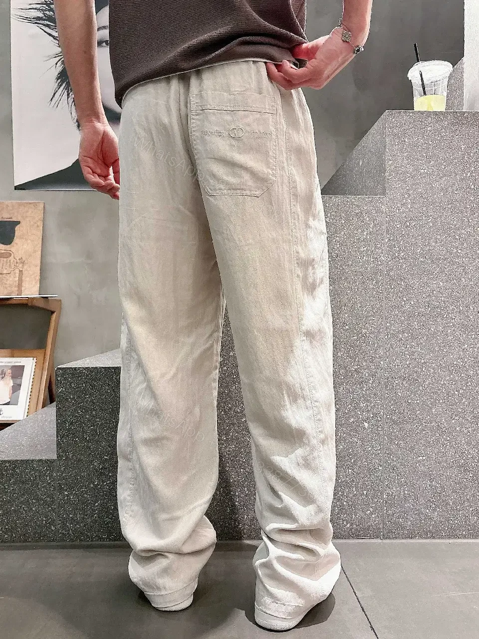 View 4 of Light Beige/Off-White Cargo Pants with Drawstring Waist, Relaxed Fit