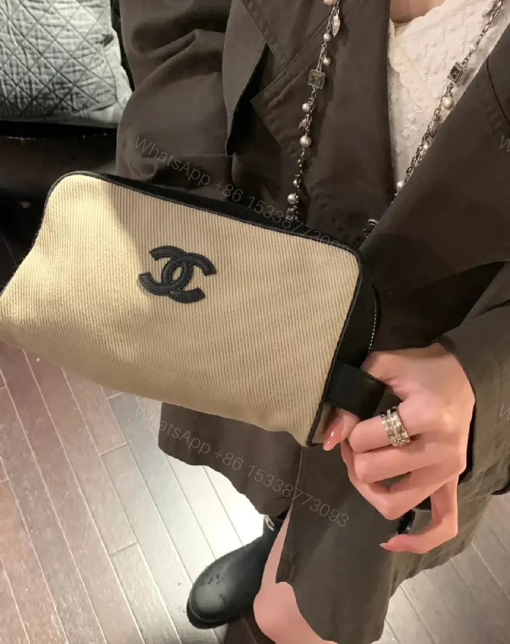 View 6 of Beige Canvas Pouch - Black Trim, Logo, Wrist Strap, Compact