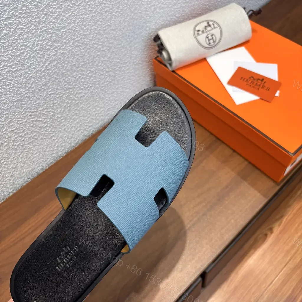 View 2 of Blue Leather Slide Hermès-Inspired Modern Slip-On Comfort Sandals