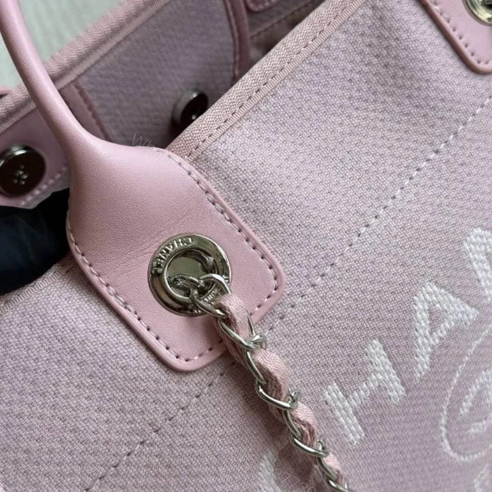 View 4 of Chanel Small Deauville Shopping Tote Bag Mixed Fibers Pink 33Cm